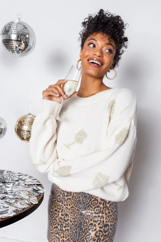 Pop The Bubbly Glitter Wine Glass Embroidered Cream Sweater | Pink Lily