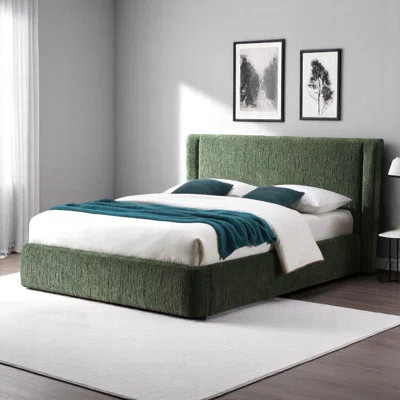 Cheryl Dark Green Chenille Queen Bed, No Tool Required Assembly, Fully Ulpholstered, Tall Wingback Headboard | Wayfair North America