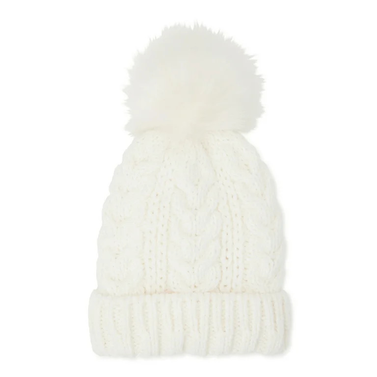 Time and Tru Women's Pom Cable Knit Winter Beanie, Winter White | Walmart (US)