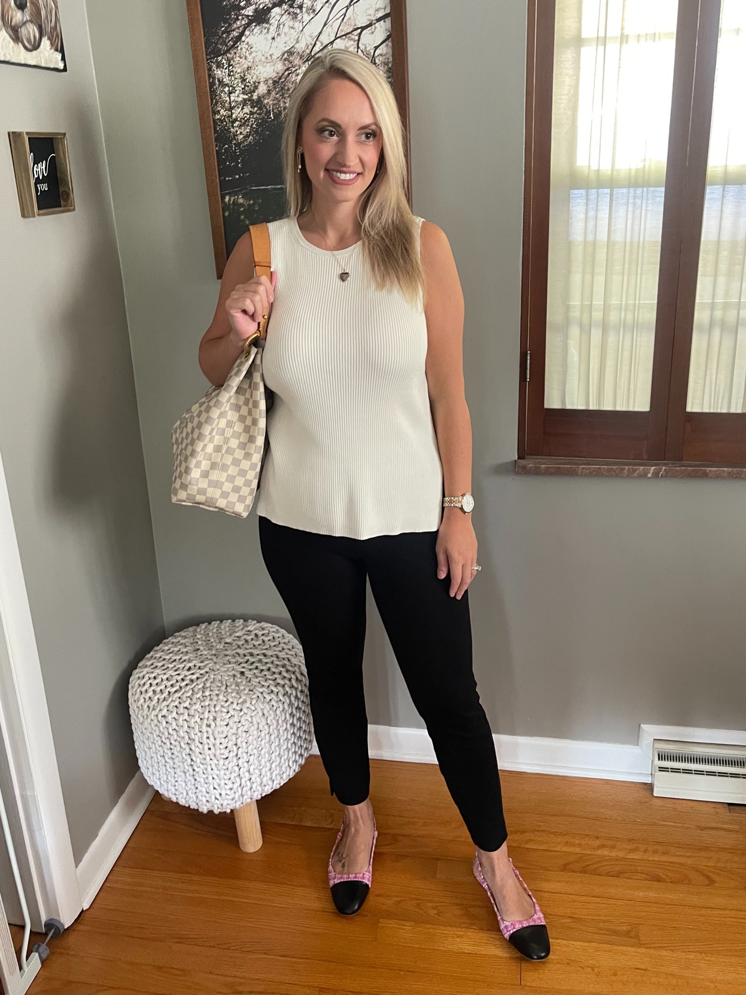 Abercrombie sweater tank, express dress pants, and target ballet flats. Such an easy work fit! Wearing a medium in the top  