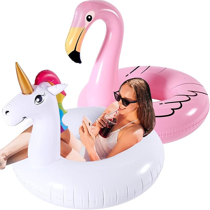 Inflatable Flamingo and Unicorn Pool Float 2 Pack，Pool Floats Summer Raft Lounger Swim Tube, Be... | Amazon (US)
