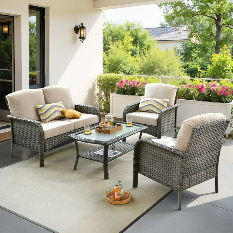 Toject 4 Pieces Patio Furniture Set, All-Weather Wicker Outdoor Furniture Loveseat Table Chairs S... | Walmart (US)