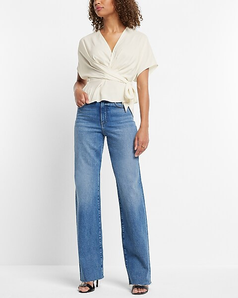 Draped Faux Wrap Tie Waist Peplum Top | Express