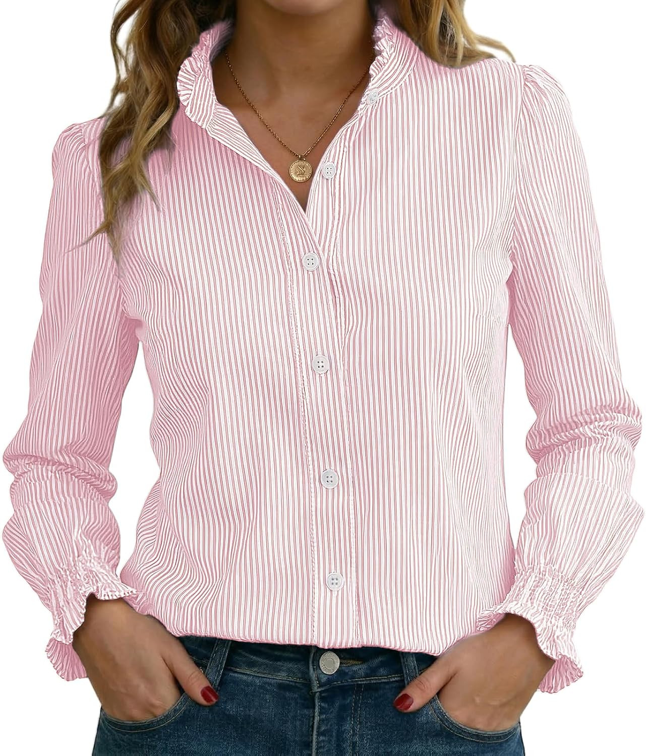 Funlingo Women's Striped Button Down Shirts Long Sleeve Smocked Cuffed Ruffle Collar Blouses Spring Work Business Casual Tops | Amazon (US)