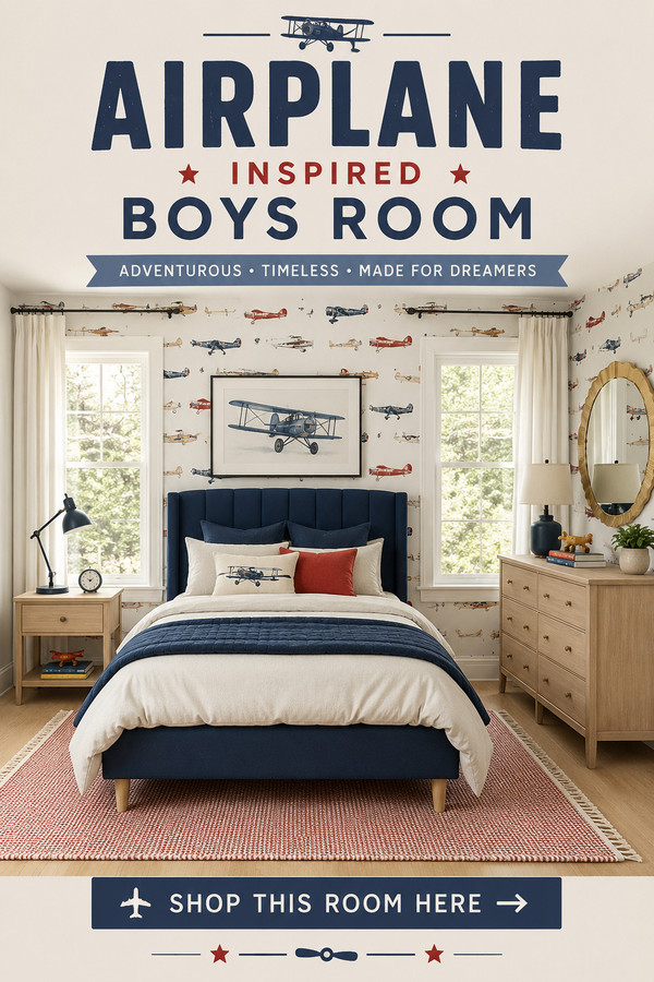 Design the ultimate airplane boys room with vintage aviation wallpaper, a navy upholstered bed, airplane artwork, light 
