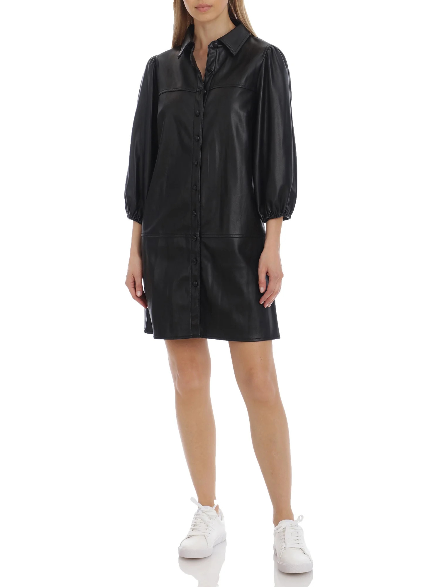 Bagatelle NYC Women's Juniors Faux Leather Puff Sleeve Shirtdress | Walmart (US)