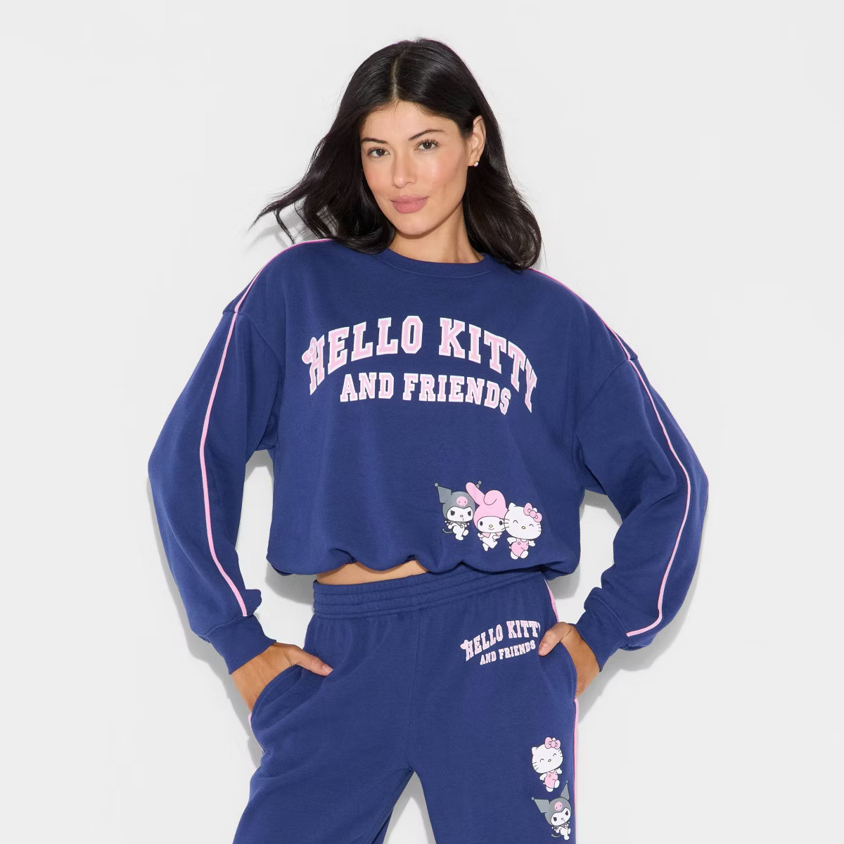 Women's Hello Kitty & Friends Bubble Hem Graphic Sweatshirt - Navy Blue | Target