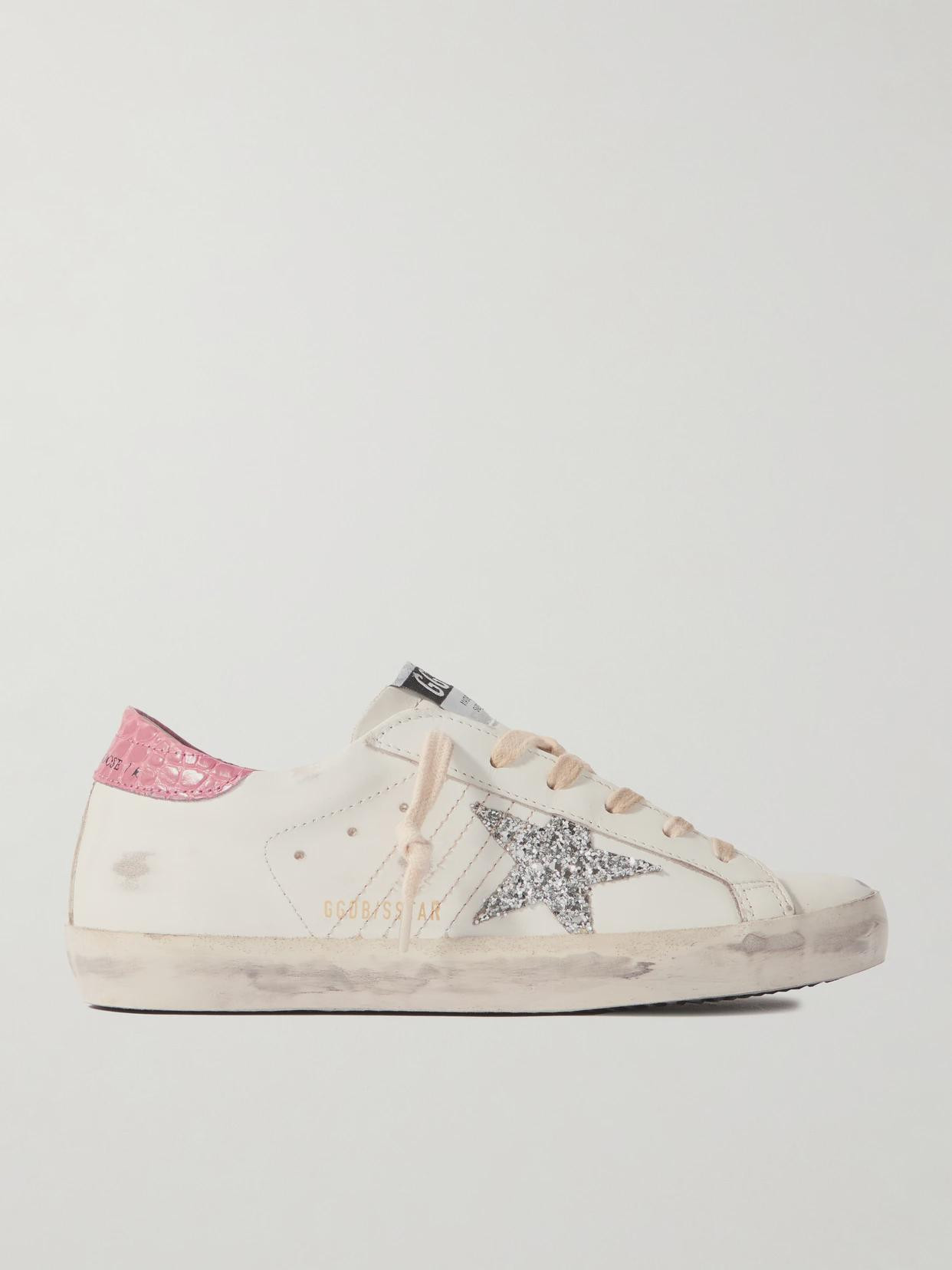 Golden Goose - Super-star Distressed Glittered Leather Sneakers - White | NET-A-PORTER (US)