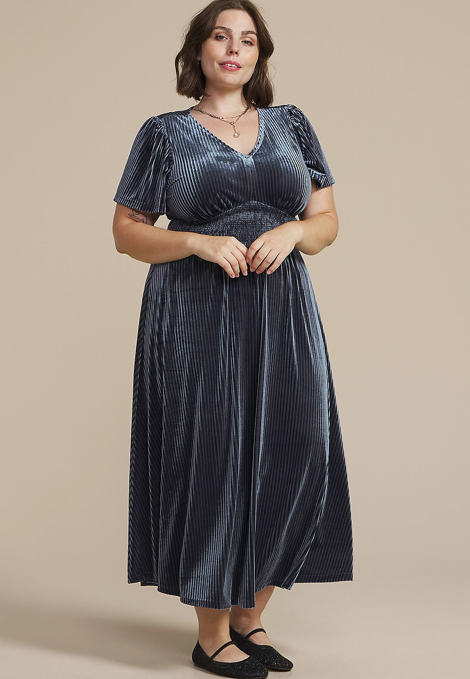 Plus Size Blue Ribbed Velvet Smocked Midi Dress | Maurices