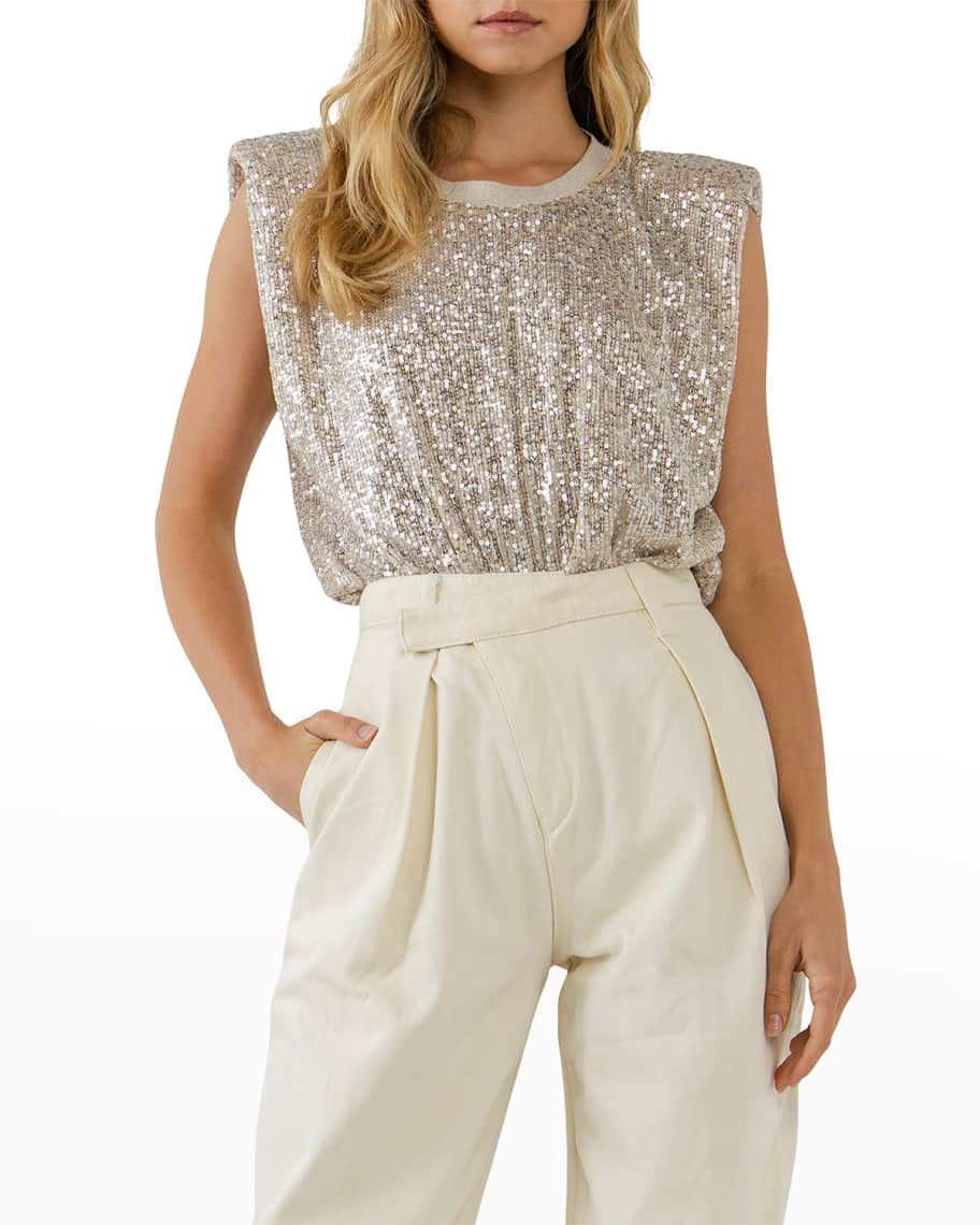 Endless RosePadded-Shoulder Sequin Top | Neiman Marcus