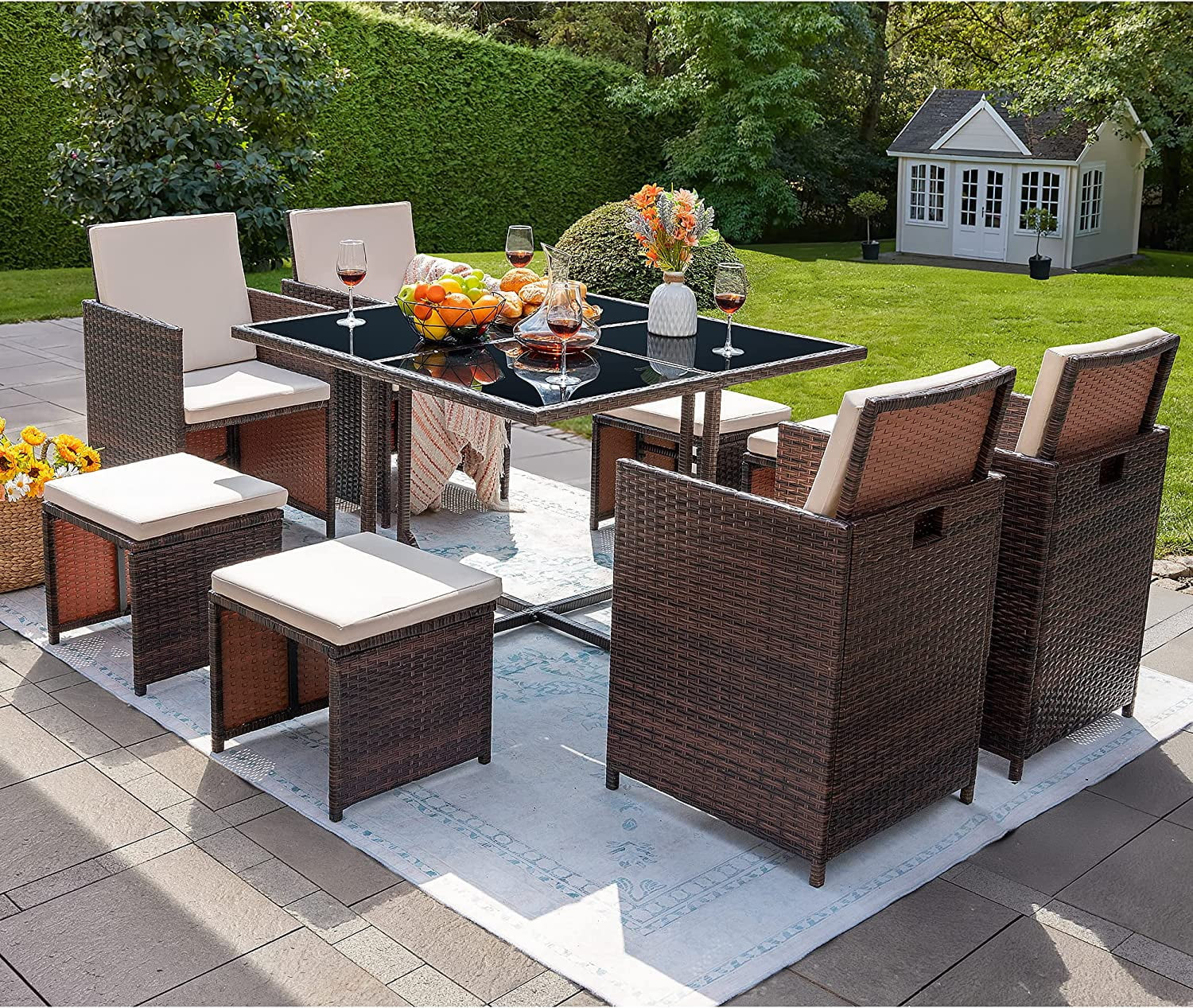 Devoko 9 Pieces Patio Furniture Dining Set Patio Wicker Rattan Chair Sets Outdoor Furniture Cushi... | Walmart (US)