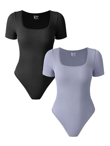 OQQ 2 Piece Bodysuits For Women Sexy Ribbed One Piece Short Sleeve Saquare Neck Bodysuits Black Blues | Amazon (US)