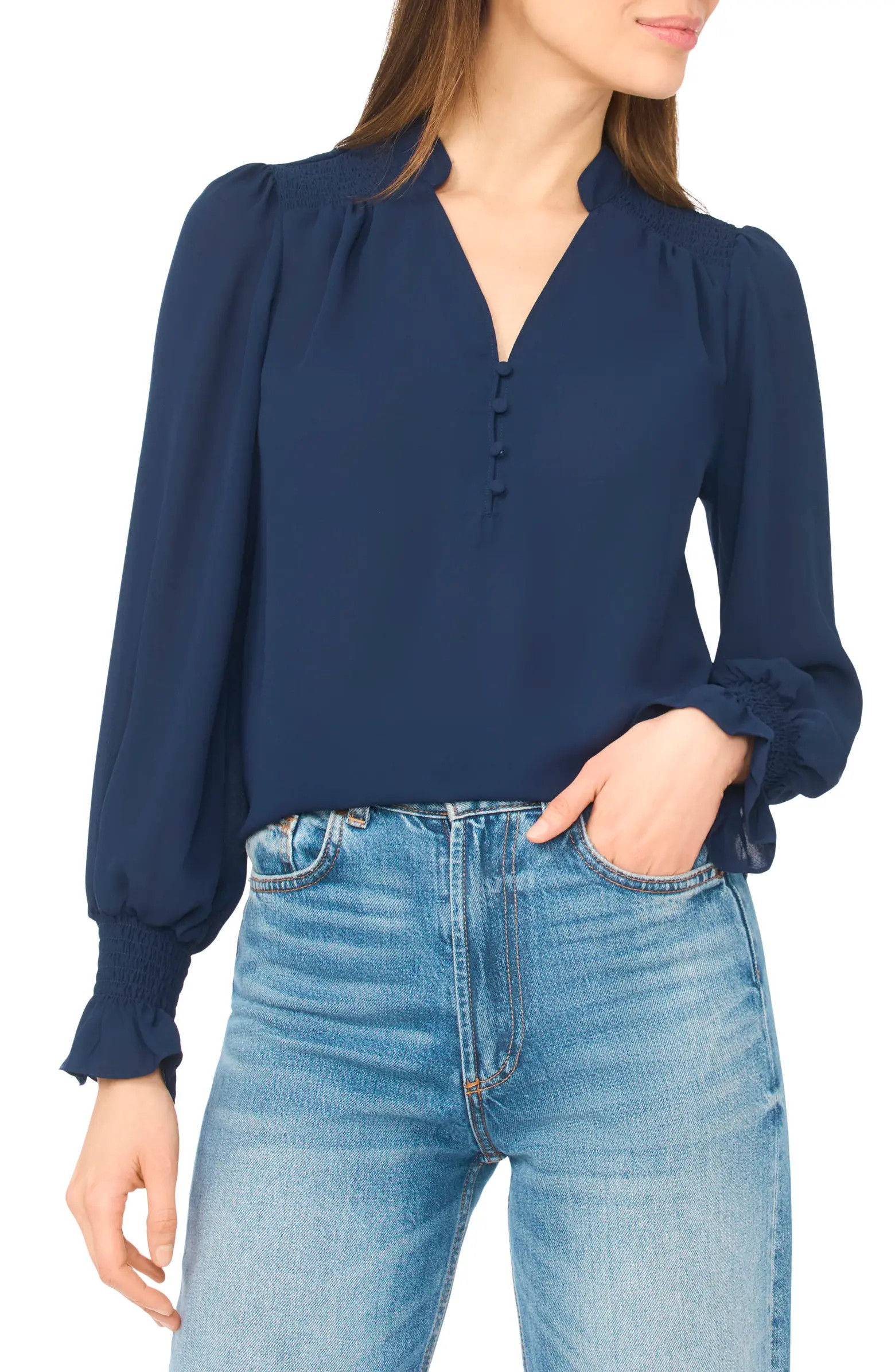 Half Placket Smocked Accent Top | Nordstrom