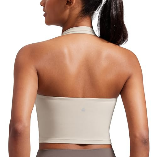 CRZ YOGA Butterluxe Halter Longline Sports Bras for Women - Padded Workout Yoga Crop Tops Tanks with Built in Pads Mojave Tan Large | Amazon (US)