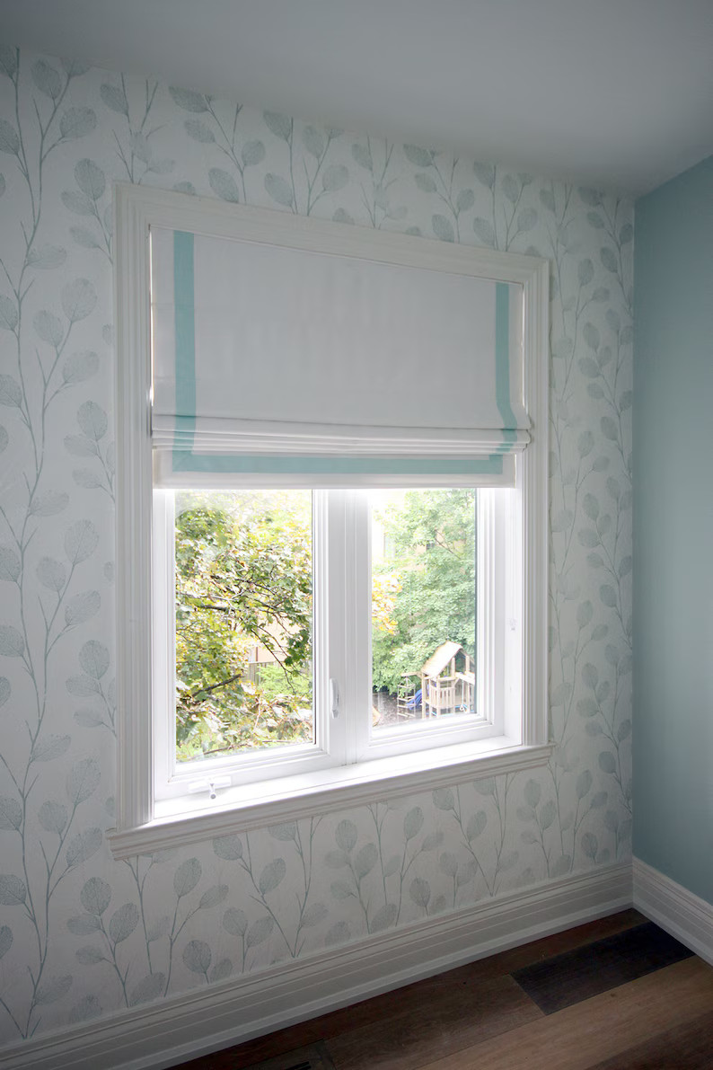 Custom Flat Roman Shade cheval White With Aqua Border, Linen Roman Shade With Chain Mechanism, Cu... | Etsy (US)