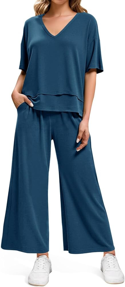 Tankaneo Womens 2 Piece Sets Casual Tracksuits Short Sleeve Tops Wide Leg Pants Outfits Lounge Se... | Amazon (US)