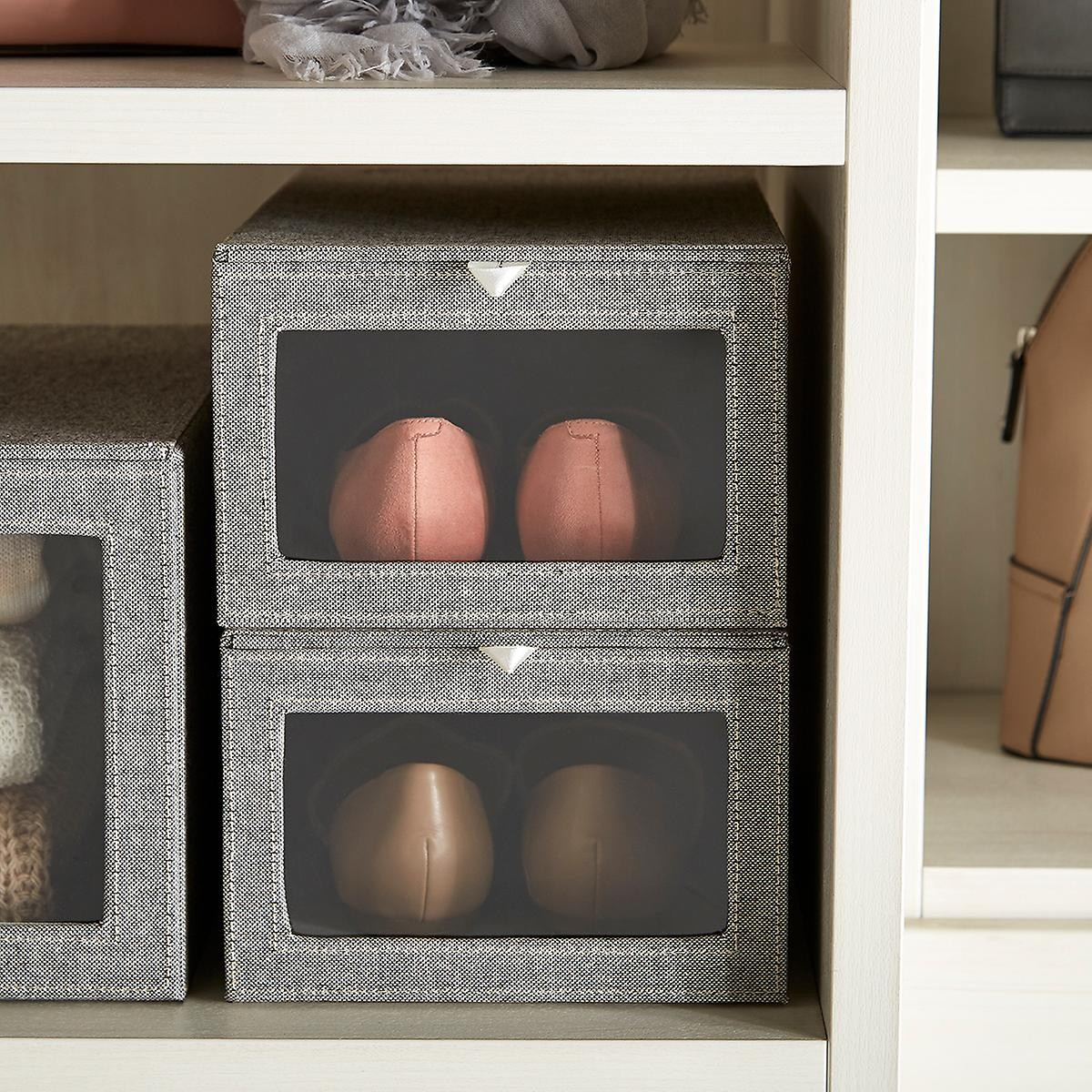 Grey Cambridge Drop-Front Shoe Box | The Container Store
