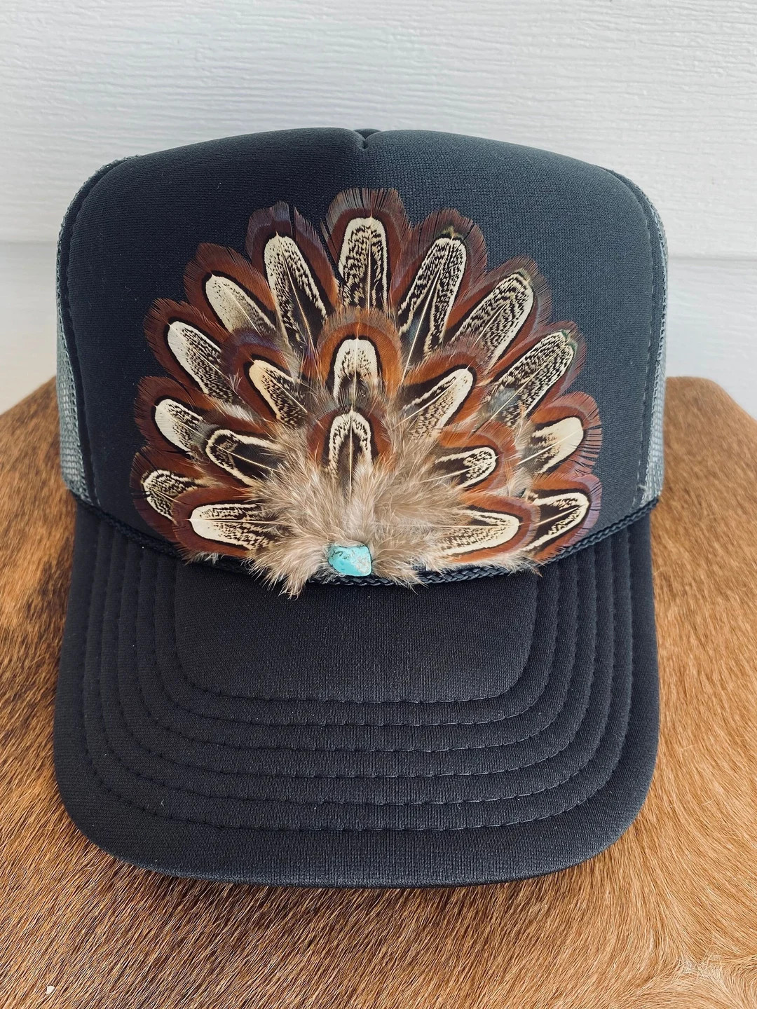 FEATHER Trucker Hat in BLACK With Dark Gray Mesh. Cowgirl Trucker Hat, Western Trucker Hat, Rodeo... | Etsy (US)