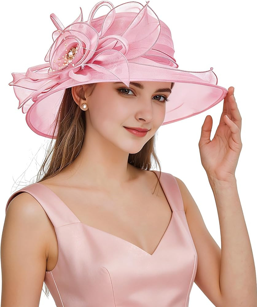 Z&X Organza Church Fascinator Wedding Tea Party Derby Hats for Women Flower Wide Brim Sun Hats | Amazon (US)