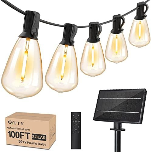 RTTY Solar String Lights Outdoor Waterproof 100ft with Remote and 52 Edison Bulb,Dimmable&Shatterproof,ST38 Solar Powered String Lights for Outside,Patio,Porch | Amazon (US)