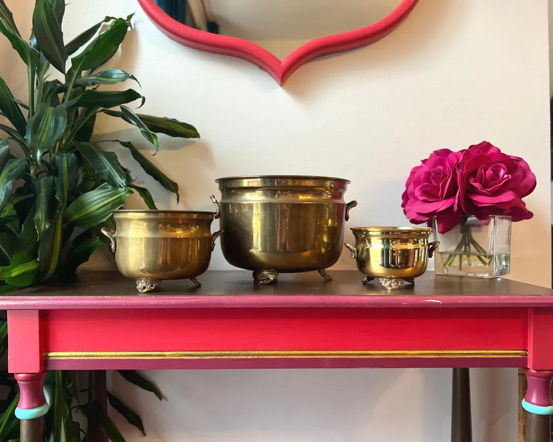 Vintage Footed Brass Planters Set of 3 | Aged Patina Cauldrons With Handles - Etsy | Etsy (US)