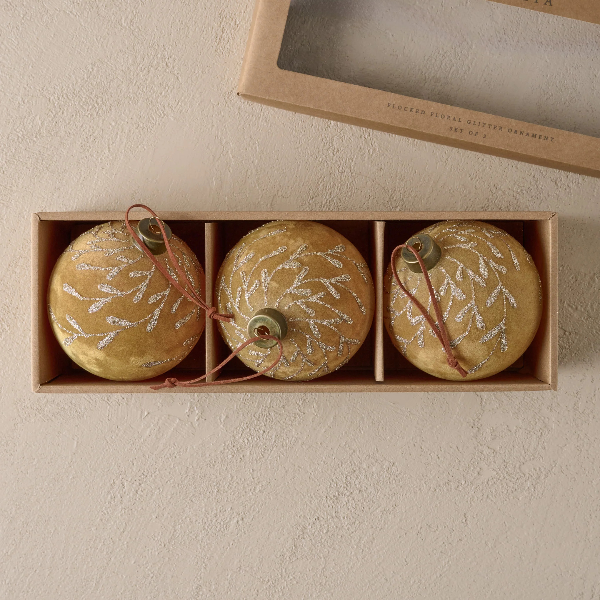 Flocked Floral Glitter Ornament, Set of 3 | Magnolia