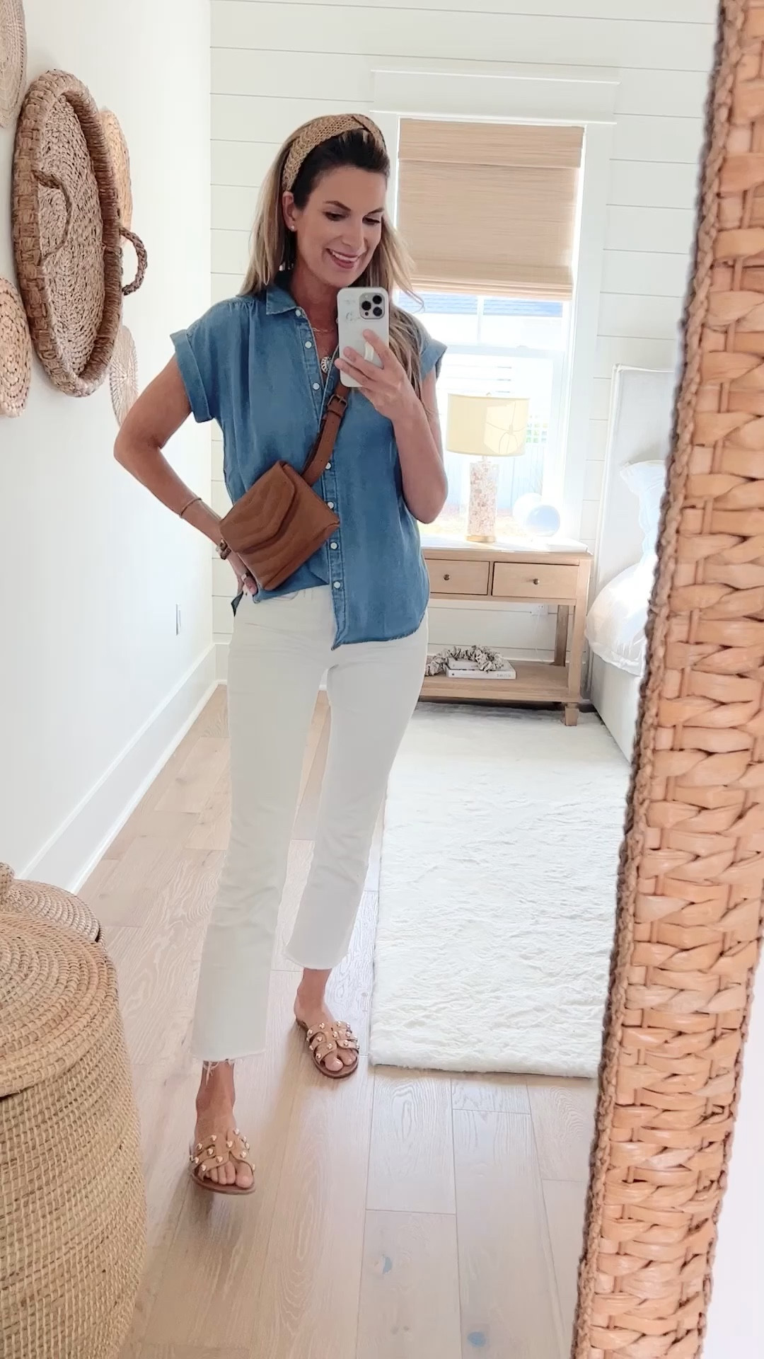 Oversized chambray shirt on sale.  Wearing xs. White jeans on sale - wearing 26 tall.  Amazon accessories. Sandals true to size.   

#LTKVideo #LTKsalealert #LTKover40