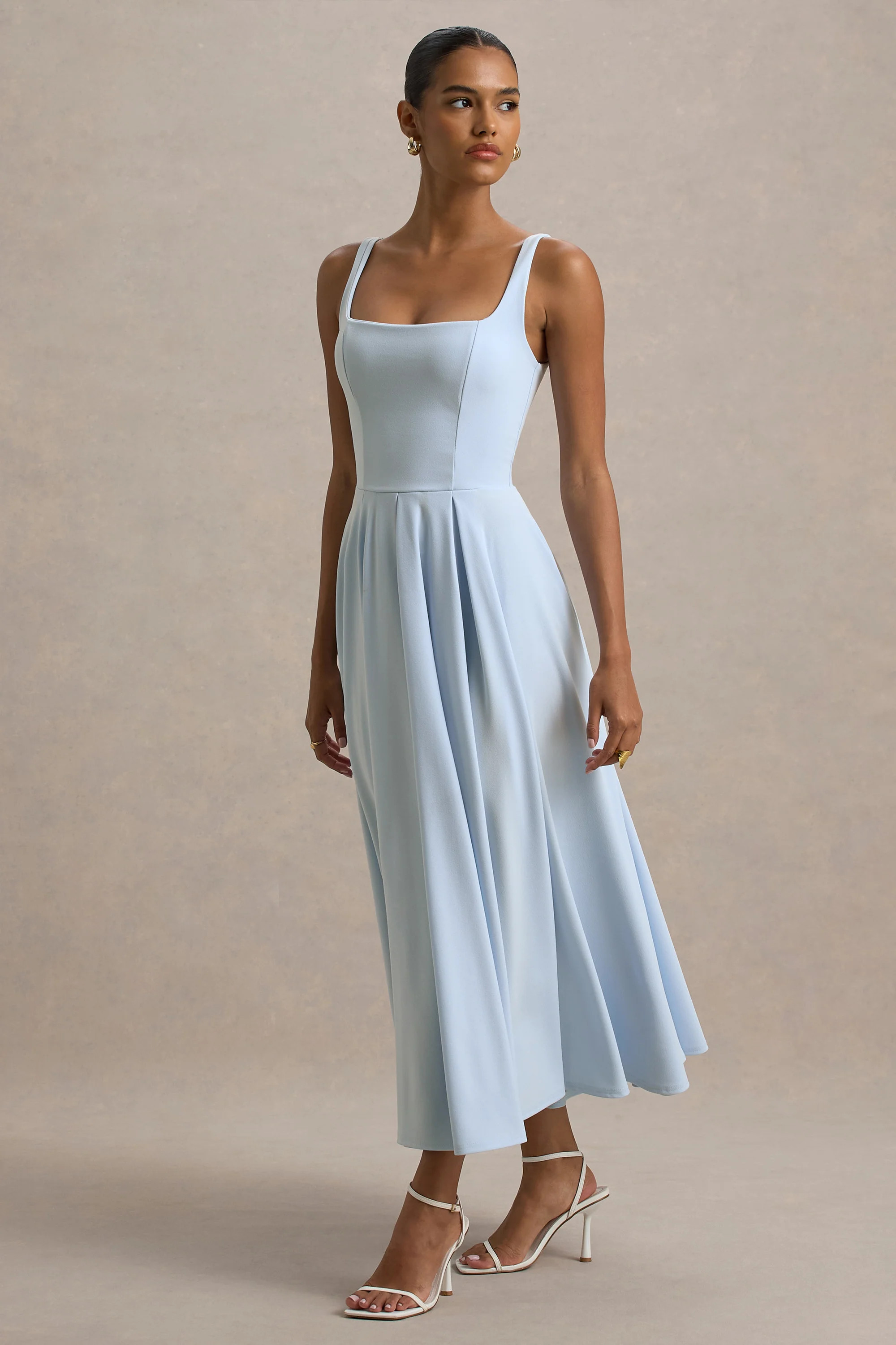 Parina | Powder Blue Strappy Volume-Hem Midi Dress | Club L London