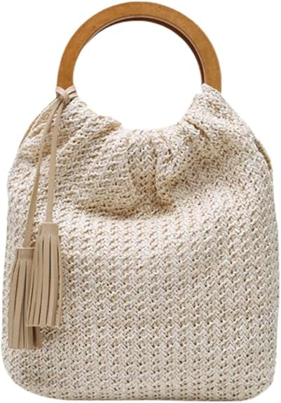 Women Handwoven Straw Tote Handbag Crochet Tassel Beach Bohemian Evening Clutch Purse with Wooden... | Amazon (US)