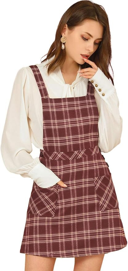Allegra K Women's Christmas Plaid Tartan Skirt Button Decor A-Line Pinafore Overall Dress | Amazon (US)