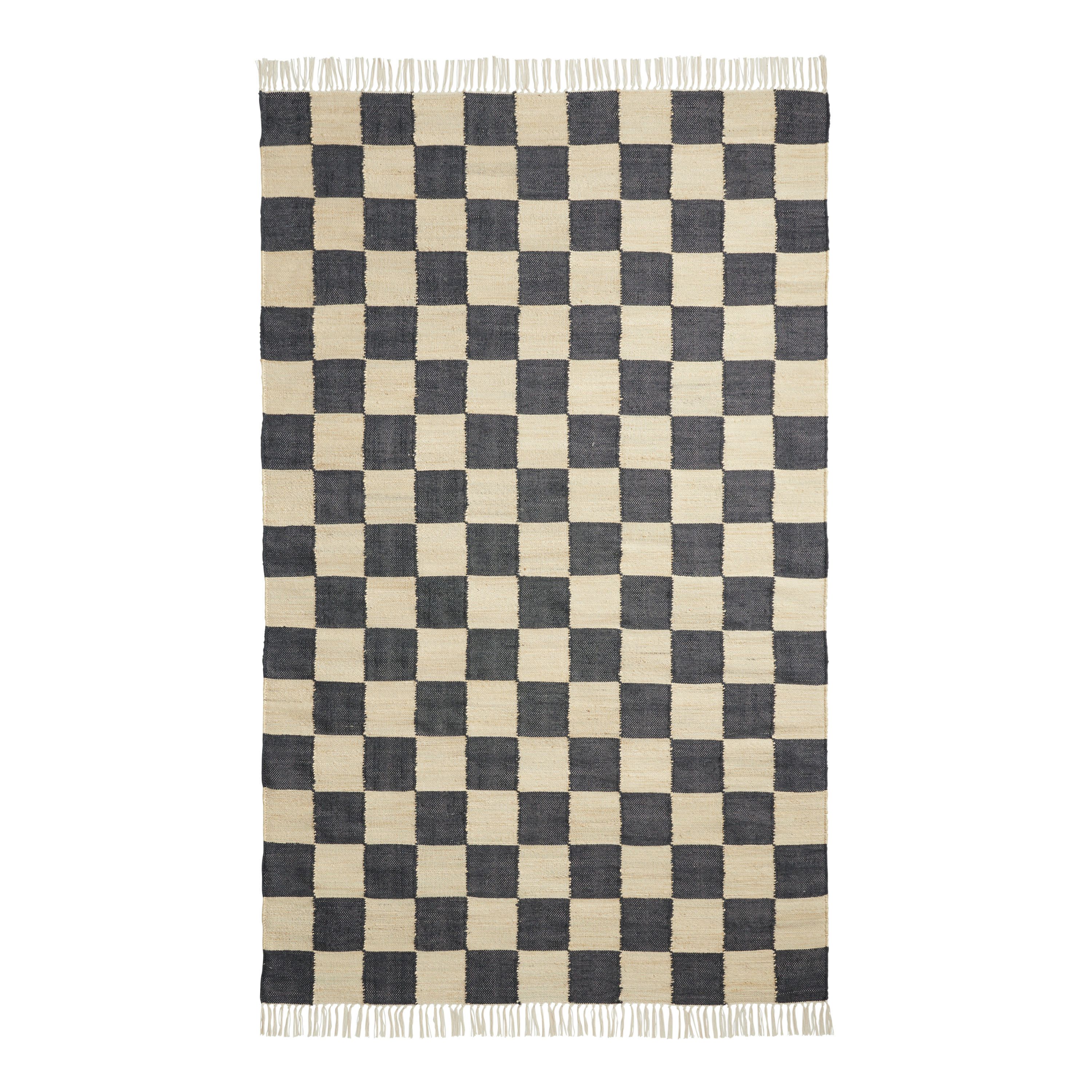 Black and Natural Checkerboard Jute and Wool Kilim Area Rug | World Market