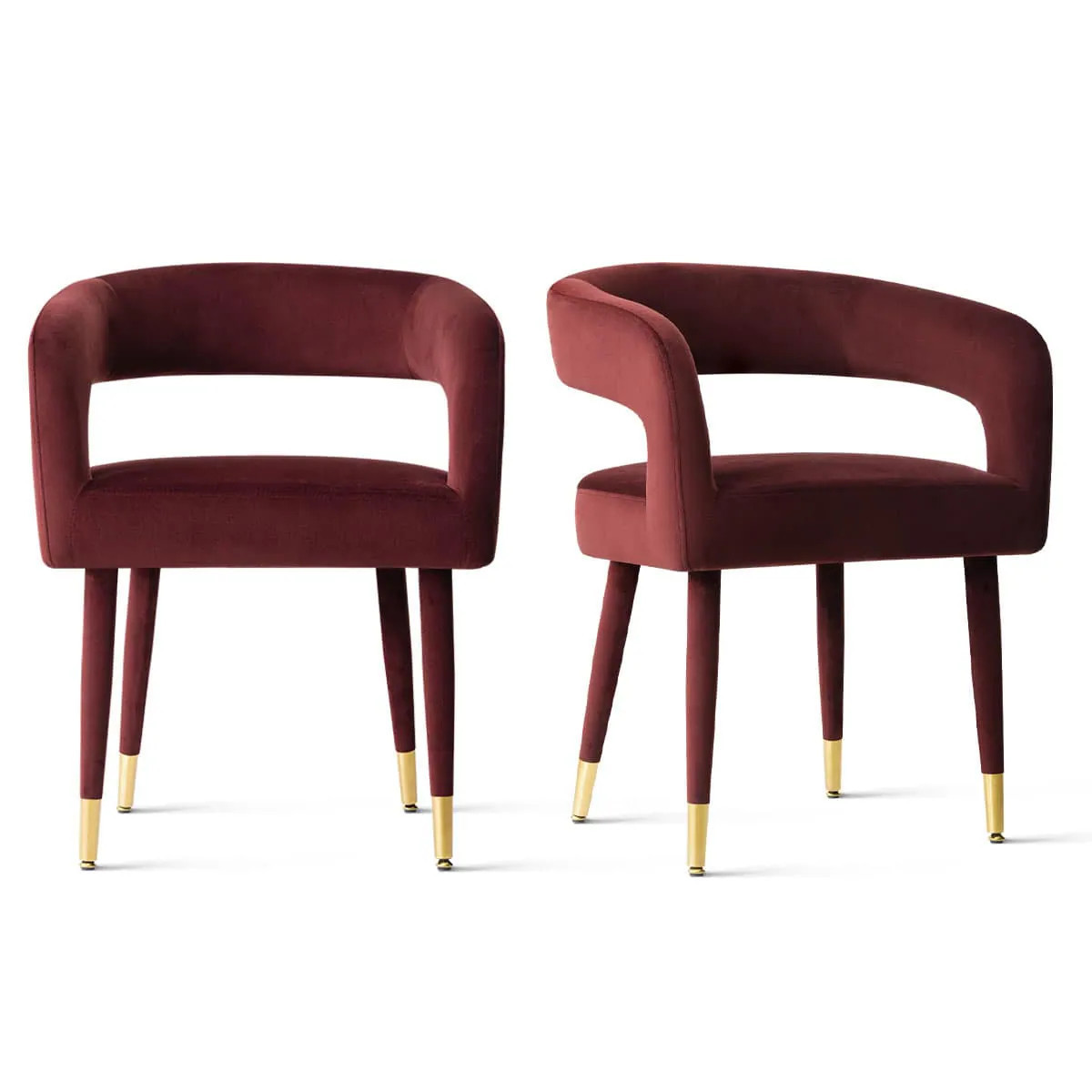 Maison Boucle Set of 2 Burgundy Velvet Upholstered Dining Chairs with Curved Back and Metal Legs