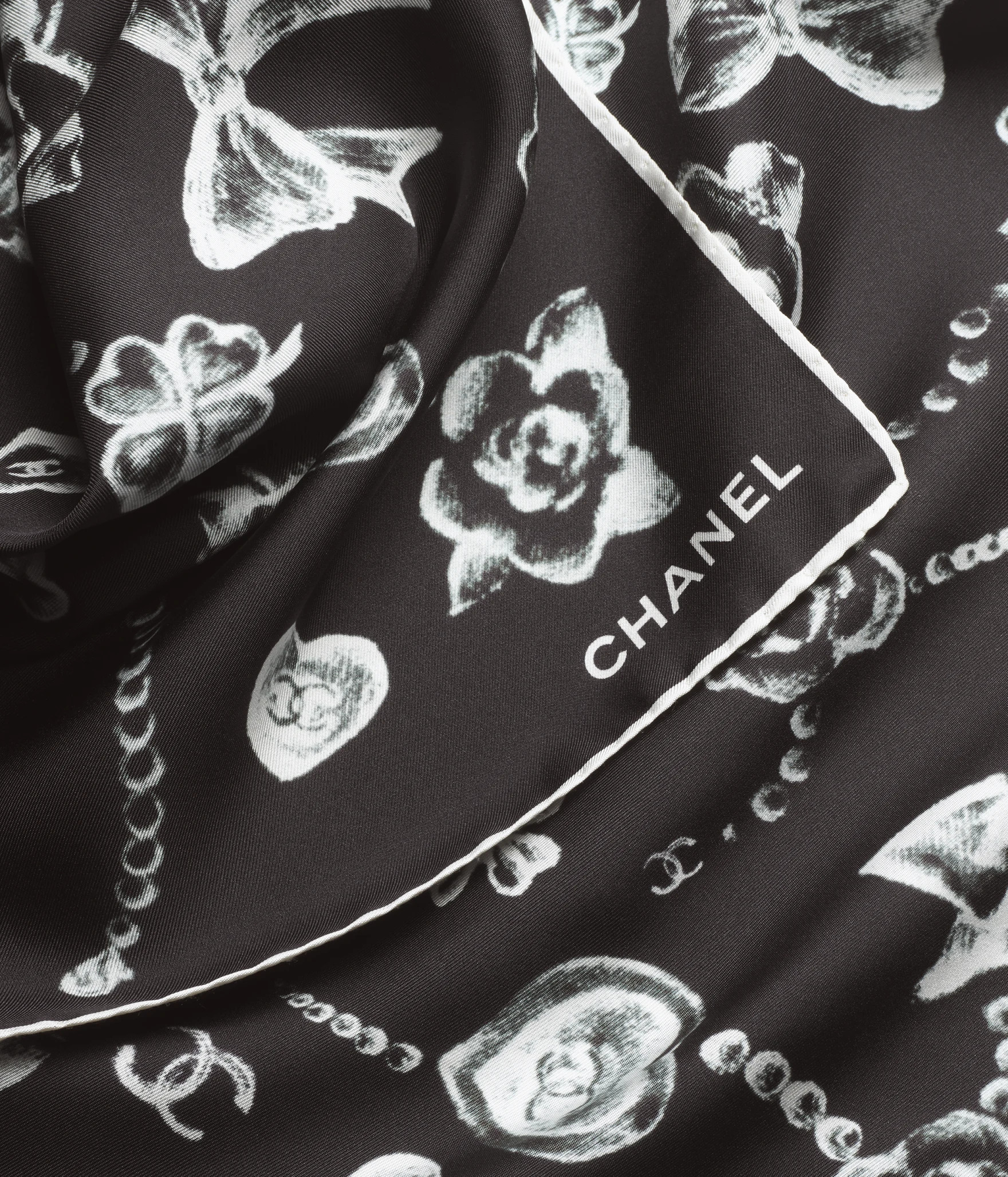 Square scarf - Silk twill, black & white — Fashion | CHANEL | Chanel, Inc. (US)
