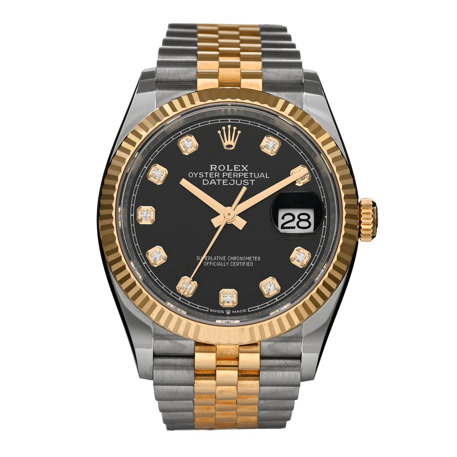 Stainless Steel 18K Yellow Gold Diamond 36mm Oyster Perpetual Datejust Watch Black 126233 | FASHIONPHILE (US)