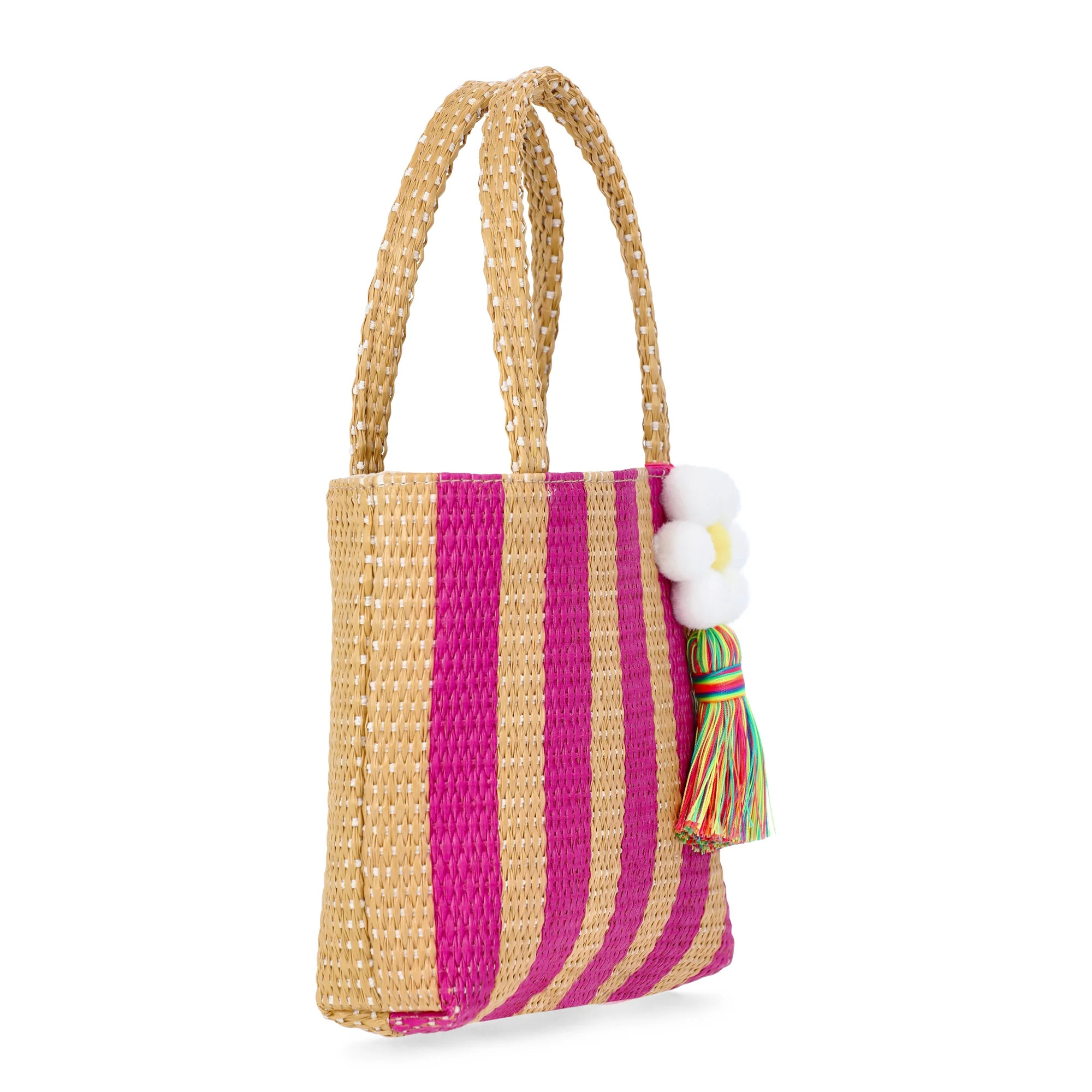 Wonder Nation Girls Straw Mini Tote Bag with Daisy Motif, Pink Stripes | Walmart (US)