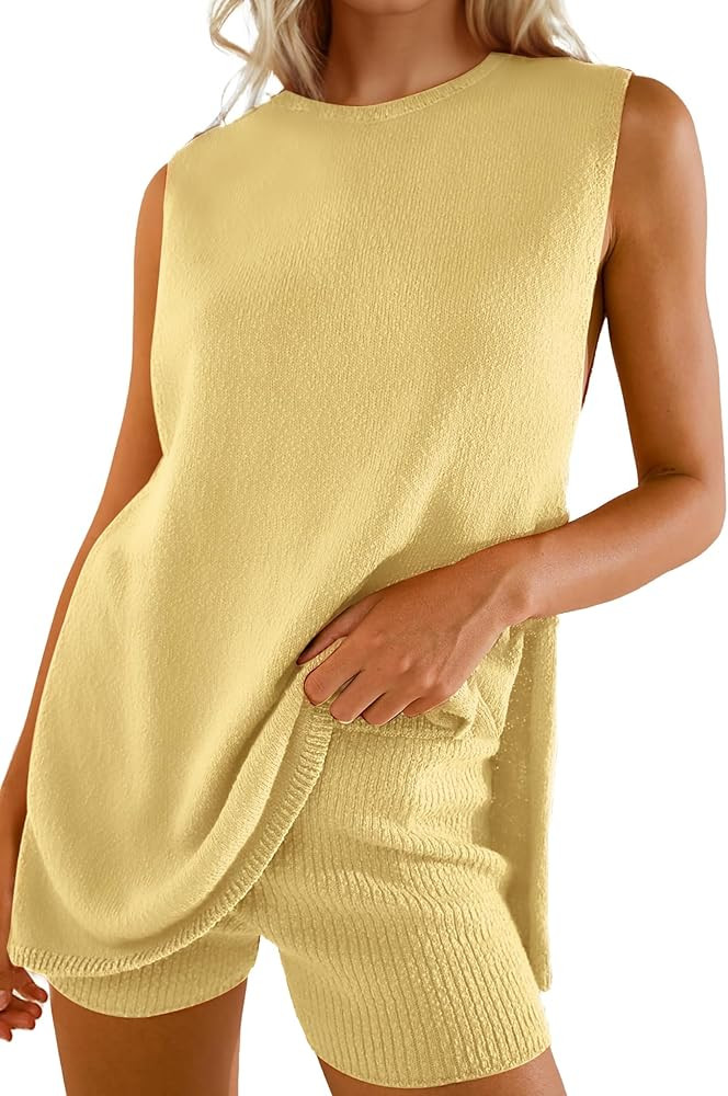Women 2 Piece Lounge Set Split Hem Tank Tops Ribbed Mini Shorts Casual Summer Outfits Two Piece S... | Amazon (US)