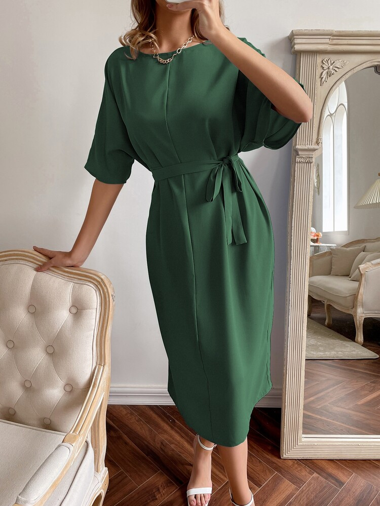 Batwing Sleeve Belted Tunic Dress | SHEIN