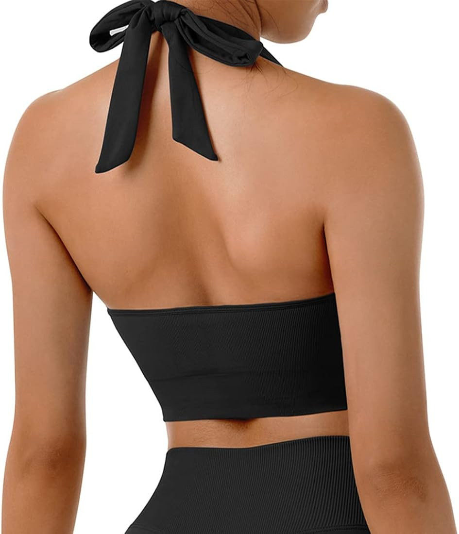 SUUKSESS Women Seamless Halter Sports Bra Backless Padded Workout Crop Tops | Amazon (US)