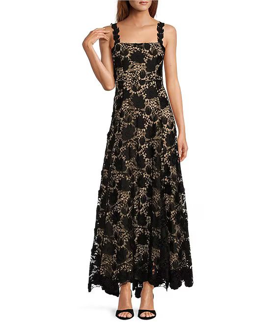 Antonio Melani Jenneth Schiffli Lace Sheer Illusion Square Neck Sleeveless Strap A-Line Gown | Di... | Dillard's