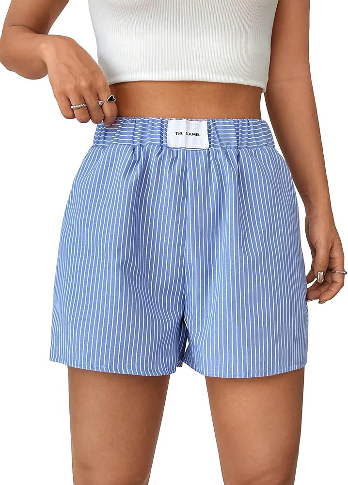 Floerns Women's Striped Print Letter Patched Elastic Waist Straight Wide Leg Casual Shorts | Amazon (US)
