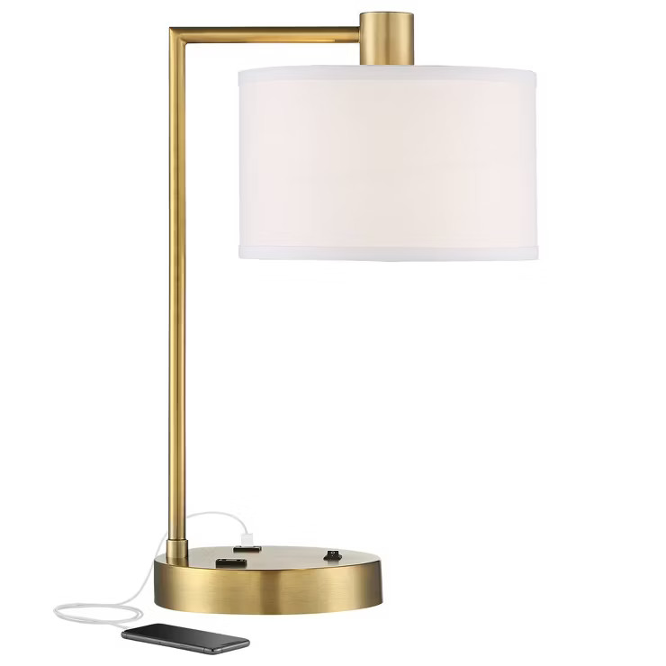 360 Lighting Modern Accent Table Lamp 21" High with USB and AC Power Outlet Brass White Linen Dru... | Target