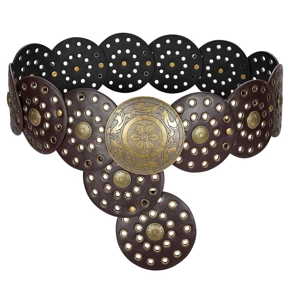 LEACOOLKEY Women's Boho Disc Belt Wide Western Leather Belt Vintage Concho Waist Belt for Dress J... | Amazon (US)