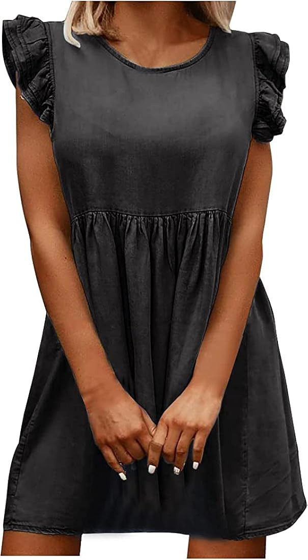 Amazon.com: Melliflo Women's Ruffle Trim Cap Sleeve Tunic Dress Crewneck Denim Dress Flowy Hem Ba... | Amazon (US)