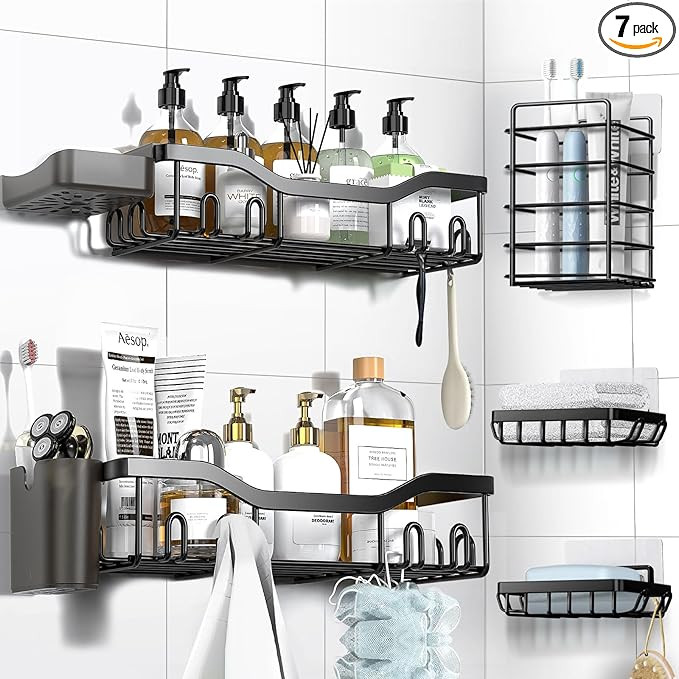 Shower Caddy Adhesive Shower Organizer 7-Pack, Rustproof Stainless Steel Bathroom Shelves, Large ... | Amazon (US)
