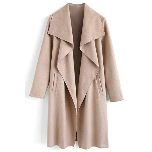 CHICWISH Women's Wide lapel Open Front Long Sleeve Sand Beige Wool Blend Trench Coat | Amazon (US)
