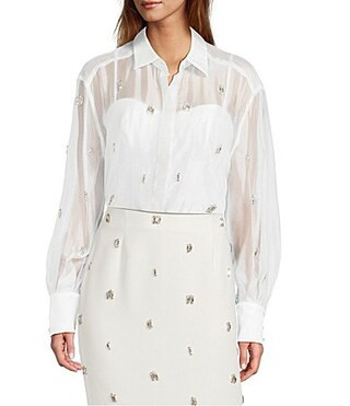Antonio Melani Priscilla Coordinating Sheer Organza Jewel Embellished Point Collar Long Sleeve Button Front Blouse - 0 | Dillard's