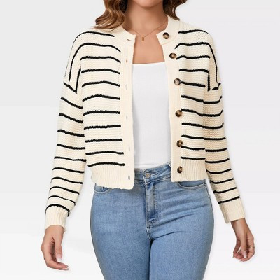 Women's Striped Cropped Cardigan with Front Button Down - Sweater Knit Outerwear for Everyday Wear,Apricot - XL | Target