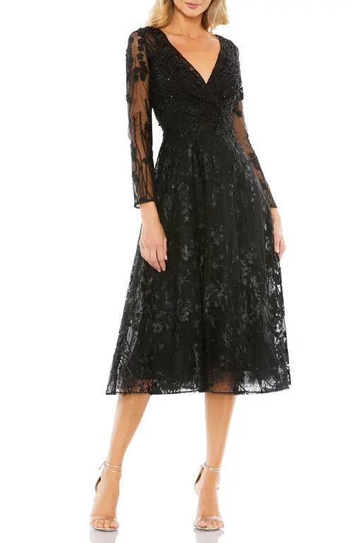 Mac Duggal Embellished Floral Long Sleeve Dress in Black at Nordstrom, Size 2 | Nordstrom