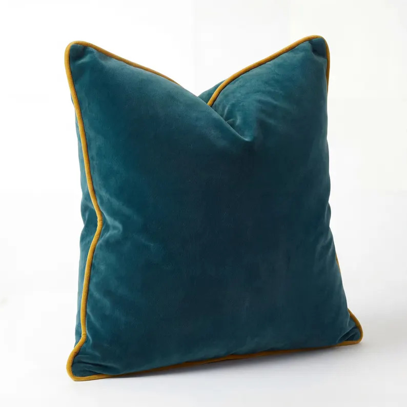Teal Velvet Pillow Cover With Mustard Piping, Luxury Decorative Cushion, Modern Throw Pillow - Et... | Etsy (Global)