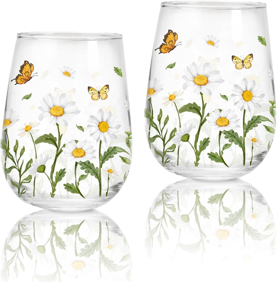Whaline 2Pcs Spring Summer Stemless Wine Glasses 17oz Daisy Butterfly Drinking Glasses Tumbler Cu... | Amazon (US)